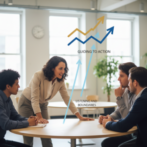 Manager che ascolta con confini chiari e lavagna “Capire–Leve–Azioni” sullo sfondo